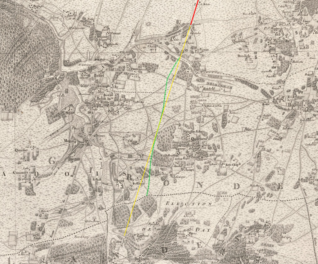 Carte de Belleyme datant du XVIIIe siècle - feuillet 33 - secteur Belin-Beliet/Hostens. En rouge l’arrivée de la levade au Pas des Fourches. En jaune le prolongement théorique du tracé en ligne droite vers Dax. En vert, la limite de communes entre Belin, Beliet et Hostens. Celle-ci est représentée sur la carte de Belleyme, mais n’existe plus de nos jours.