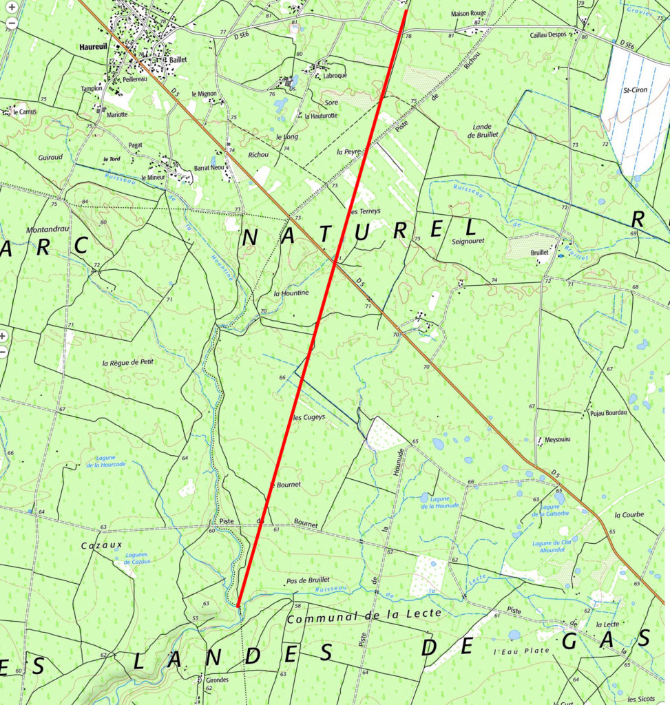 tracé de la voie de Maison Rouge à Girondes (carte IGN 1/25000)