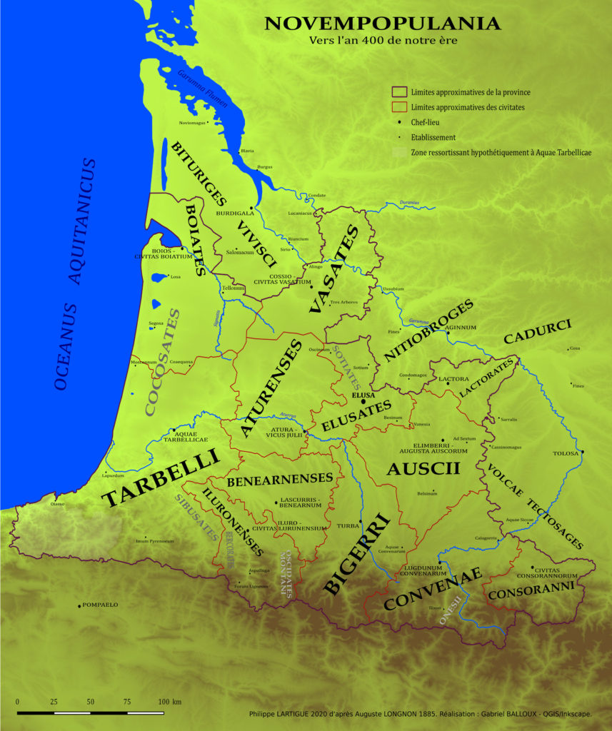 carte de Novempopulanie d’après Philippe Lartigue. Seuls les emplacements de Salomacum et Tellonum ont été modifiés.