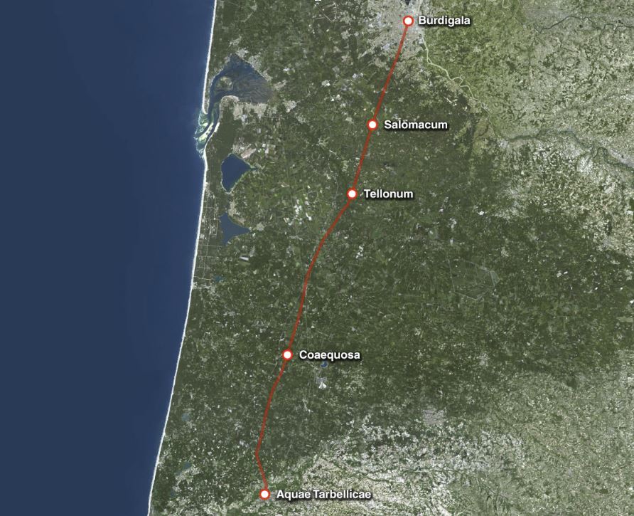 La proposition de tracé complet de la voie romaine Bordeaux / Dax avec emplacement des stations citées dans l’Itinéraire d’Antonin.